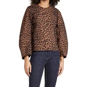 GANNI Gathered Leopard-print Organic Cotton-poplin‎ Blouse In Animal Print XS 32
